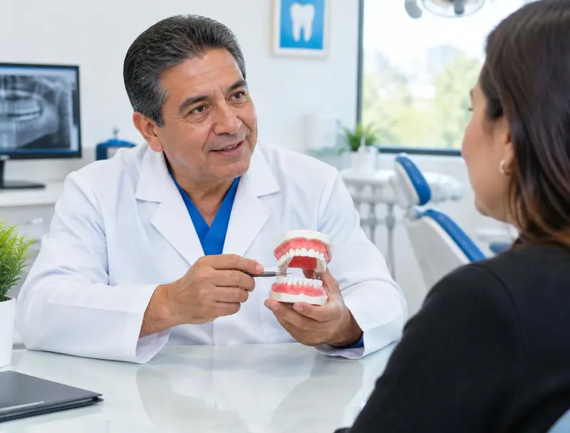 Dentista explicando un tratamiento a una paciente con un modelo dental (imagen ilustrativa)