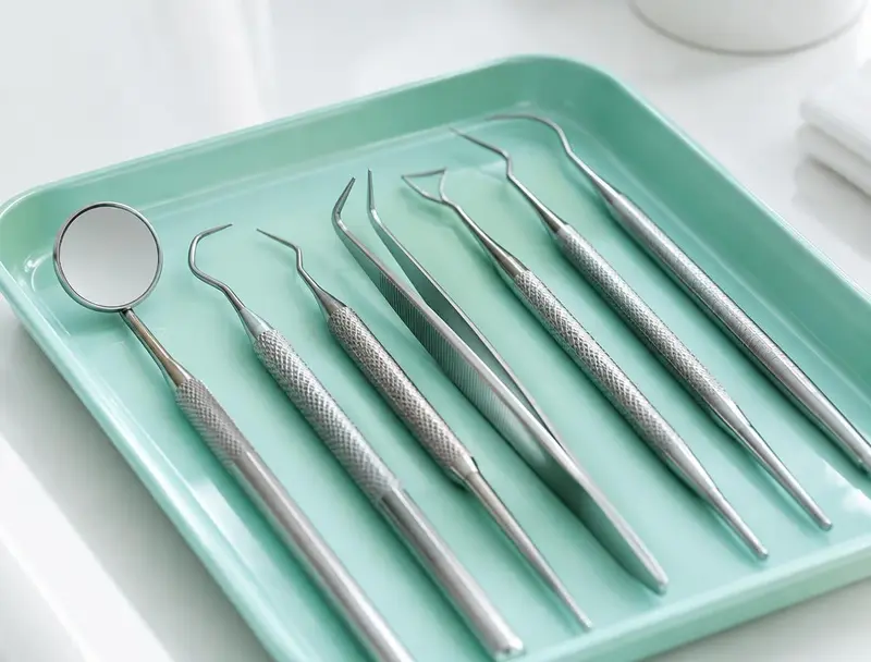 Instrumental dental esterilizado y ordenado en charola (imagen ilustrativa)
