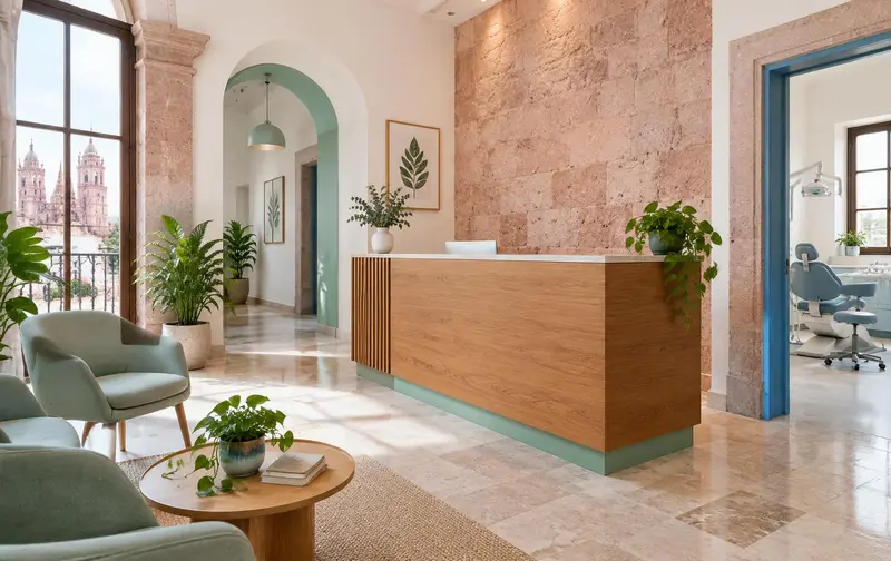 Recepción luminosa de consultorio dental con muro de cantera rosa (imagen ilustrativa)
